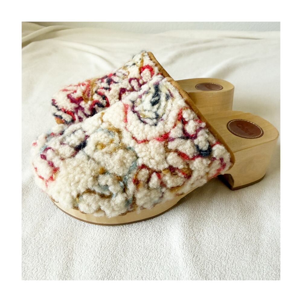 Chloe Joy Shearling Clog Mule Floral Embroidered Cream Size 38 - Picture 6 of 8